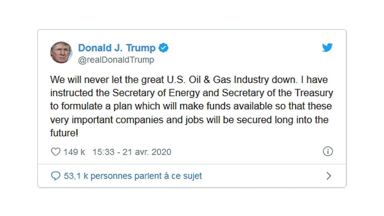 Tweet de Donal trump affichant son soutien à l'industrie du pétrole et du gaz