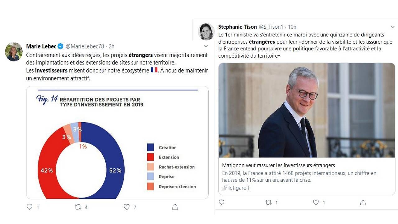 Tweets du MEDEF et de la REM suite à la publication du rapport Business France 2019