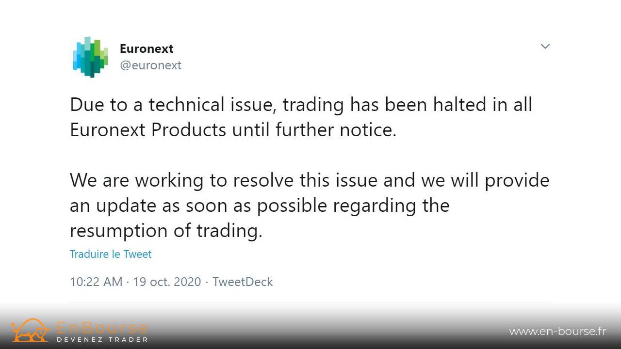 Tweet d'Euronext suite au problème technique de sa plateforme