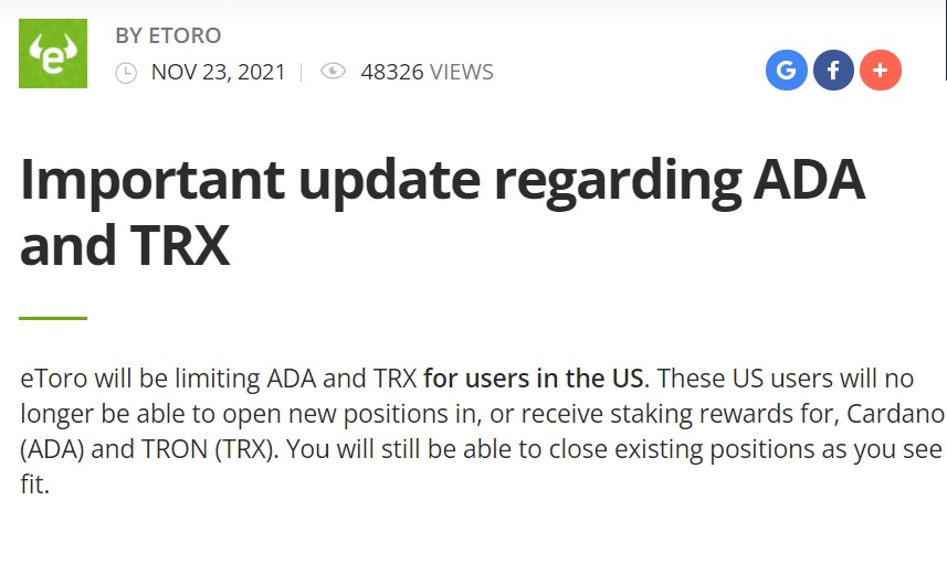 Message d'Etoro sur son site pour annoncer le retrait d'ADA et de TRX pour les résidents US