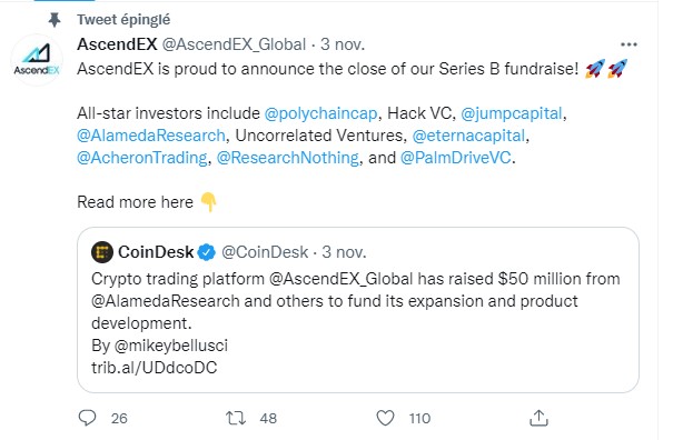 Tweet d'AscendEX annonçant la levée de 50 millions de dollars