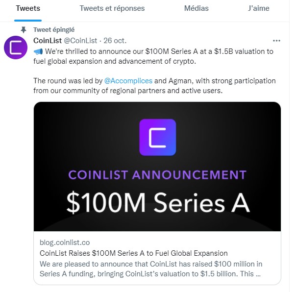 Tweet de CoinList indiquant sa levée de 100 millions de dollars