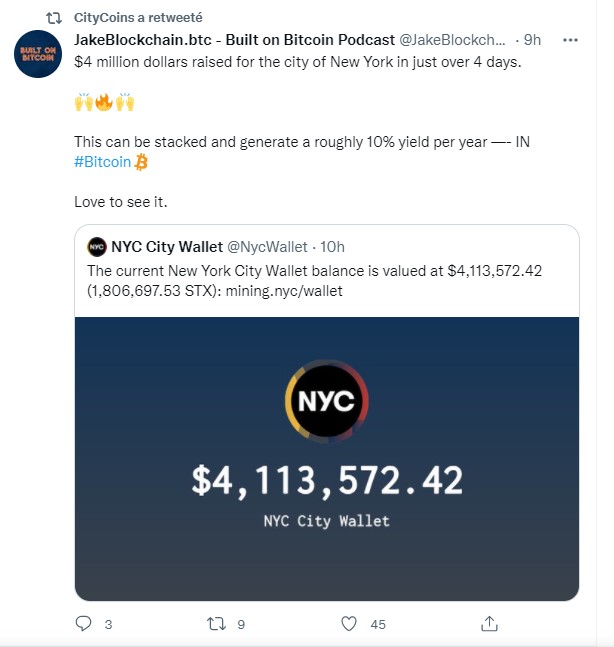 Tweet de l'avancée de la crypto NYCCoin prpulsée par l'équipe de CityCoins