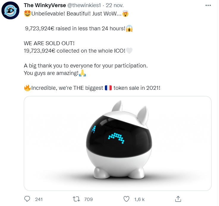 Tweet de l'équipe Winkyverse pour annoncer le résultat de l'IPO