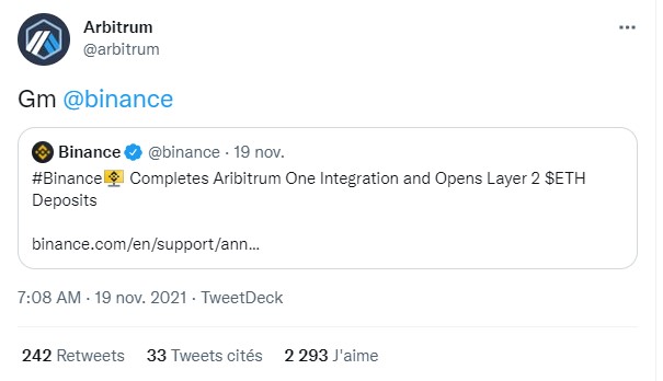 Tweet indiquant le déploiement d'Arbitrum sur Binance