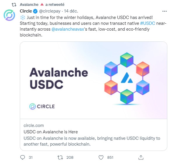 Tweet annonçant l'arrivée de l'USDC sur Avalanche