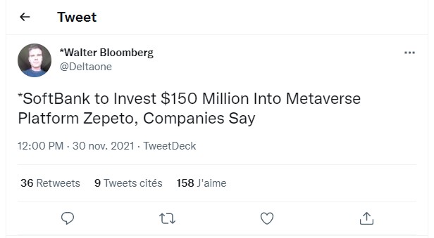 Tweet annonçant l'investissement de 150 millions de dollars de SoftBank dans Zepeto