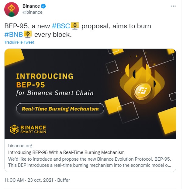 Tweet de Binance annonçant le nouveau protocole de burn du BNB