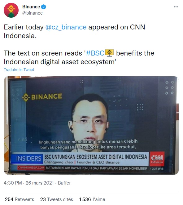 Tweet de Binance indiquant son intérêt pour l'écosystème crypto indonésien
