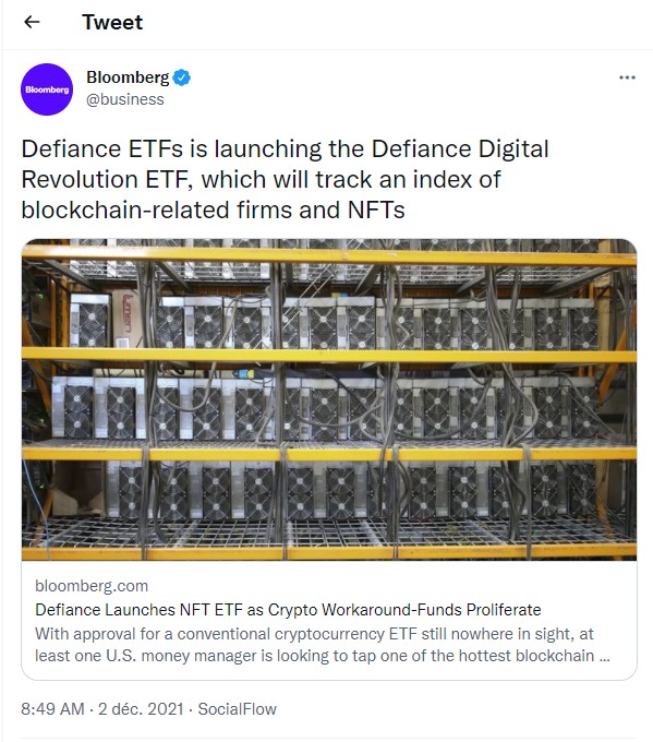 Tweet de Blommberg annonçant le lancement d'un ETF sur les entreprises liées aux NFTs par Defiance