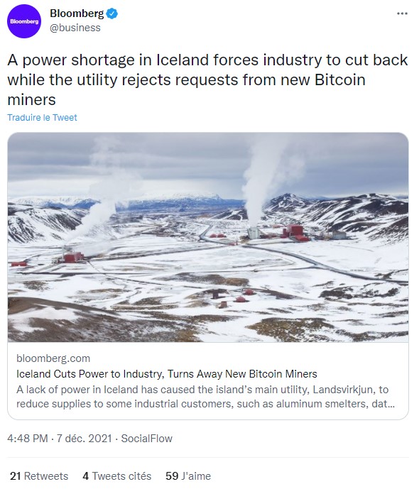 Tweet de Bloomberg indiquant que l'Islande n'accordera plus d'électricité aux nouveaux mineurs de Bitcoin