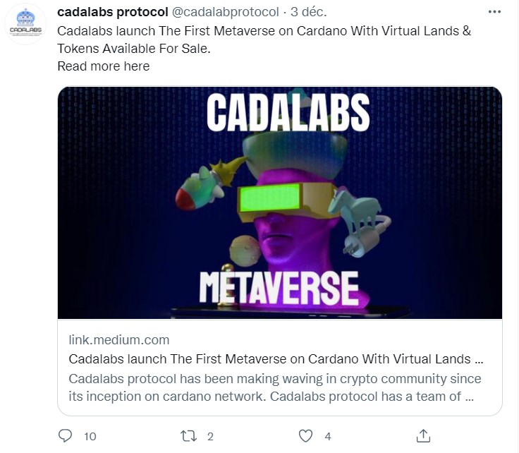 Tweet de Cadalabs annonçant le lancement de son metaverse sur Cardano