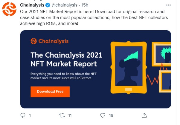 Tweet de Chainalysis annonçant la publication de son rapport sur les NFTs