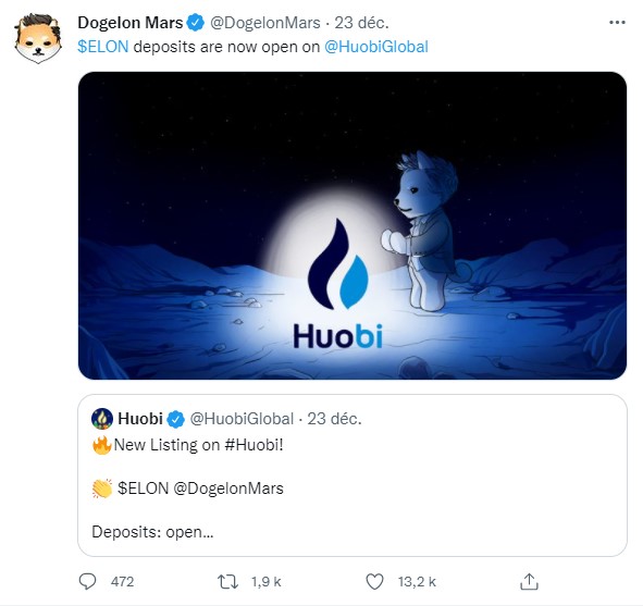 Tweet de Dogelon Mars annonçant le listing sur Huobi
