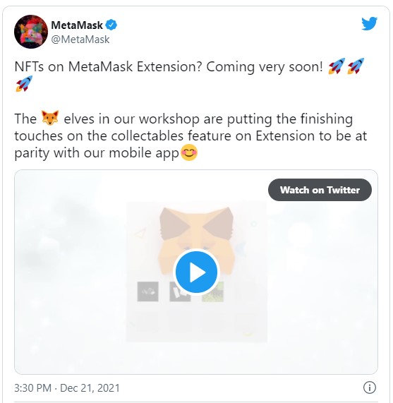 Tweet de Metamask pour annoncer un support NFT