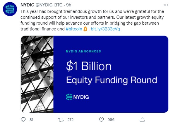 Tweet de NYDIG indiquant la levée d'1 milliard de dollars