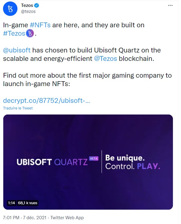 Tweet de Tezos pour annoncer le partenariat avec Ubisoft