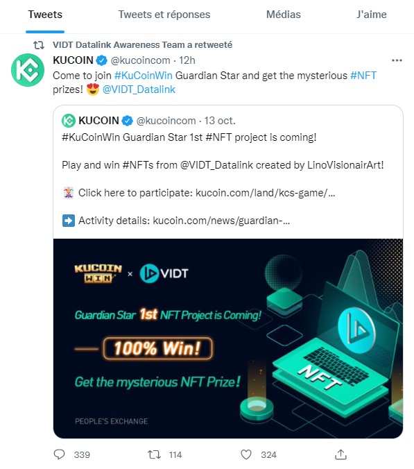 Tweet de VIDT Datalink concernant la collaboration avec Kucoin