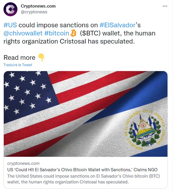 Tweet indiquant que les USA pourraient frapper le wallet Chivo du Salvador avec des sanctions
