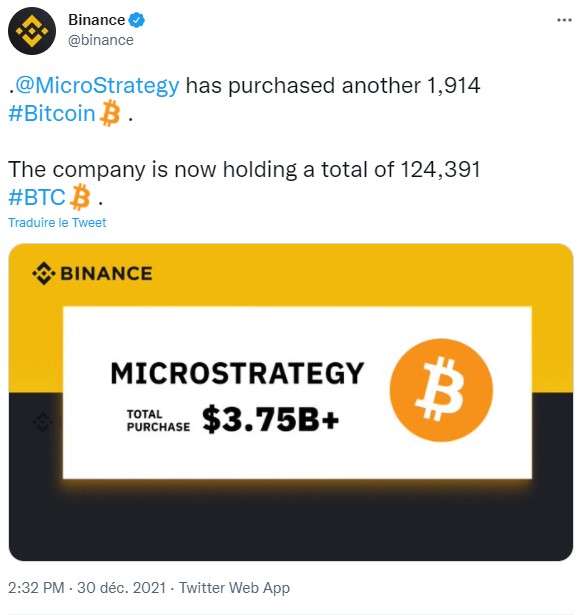 Tweet annonçant l'achat de 1914 BTC par MicroStrategy