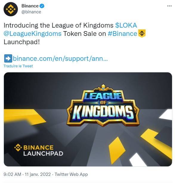 Tweet de Binance annonçant le lancement du projet League of Kingdoms sur le Launchpad