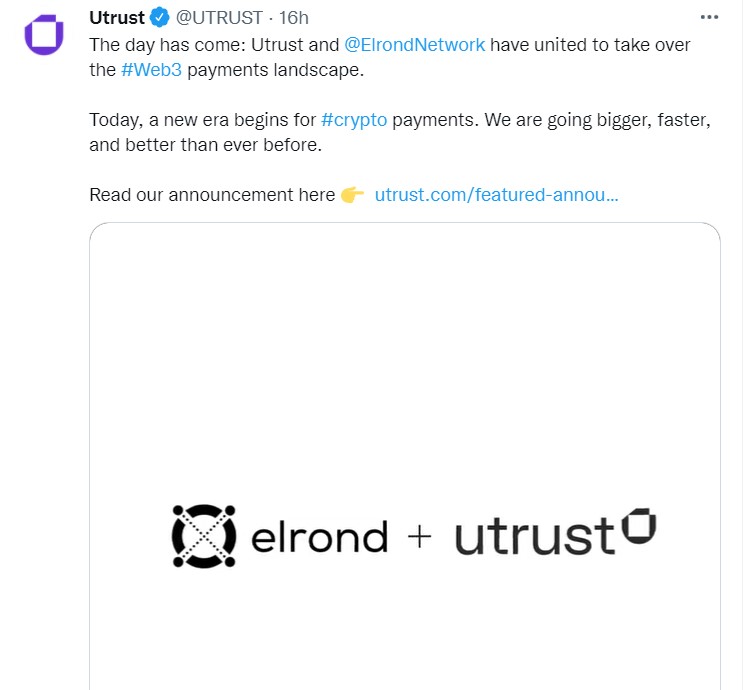 Tweet de Utrust indiquant l'utilisation de la blockchain Elrond pour se développer