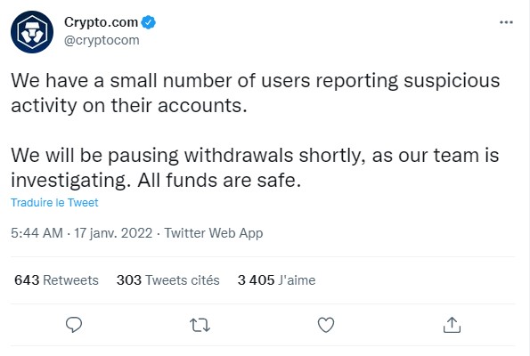 Tweet de crypto.com annonçant un piratage maîtrisé