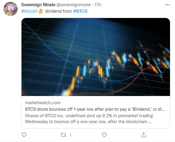 Tweet indiquant le paiement des dividendes de BTCS en bitcoin