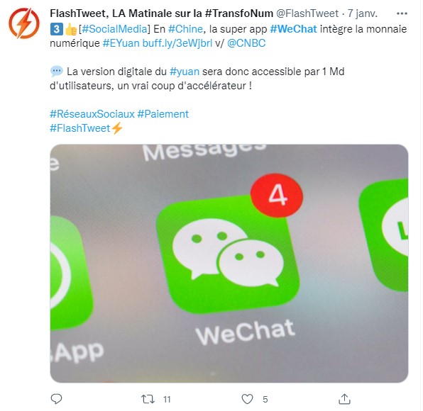 Tweet indiquant le partenariat entre le yuan numérique et le géant WeChat
