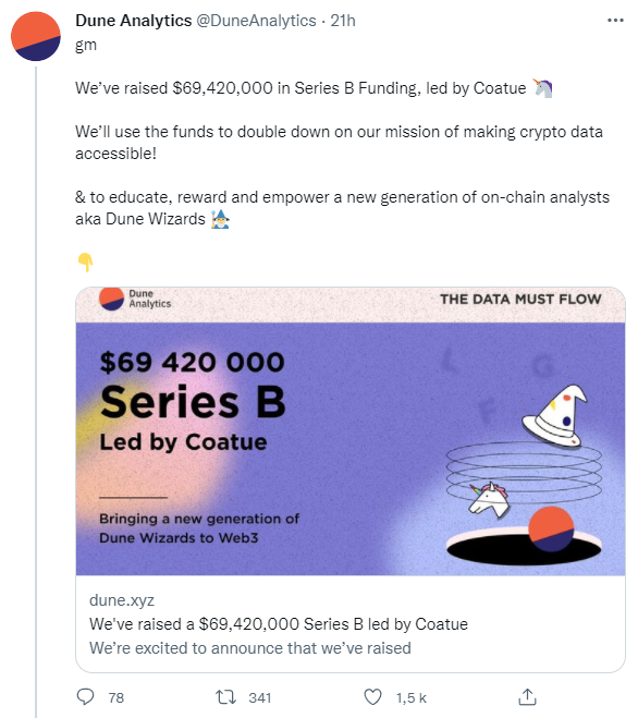 Tweet financement Dune Analytics