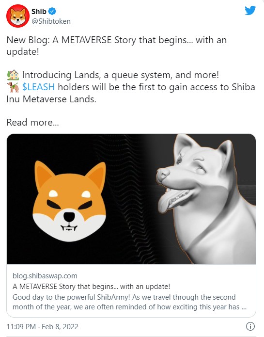 Tweet de Shiba annonçant le lancement dans le métavers avec LEASH