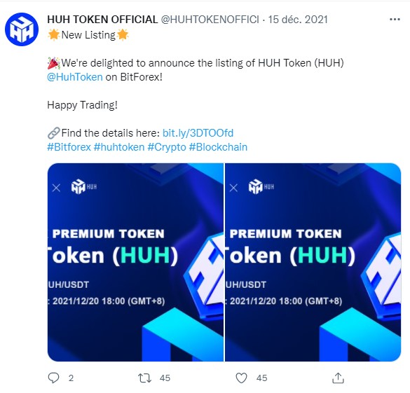 Tweet officiel de HUH token annonçant un nouveau listing
