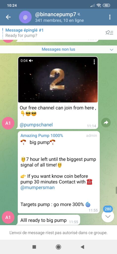 Exemple de groupe de pump crypto sur Telegram