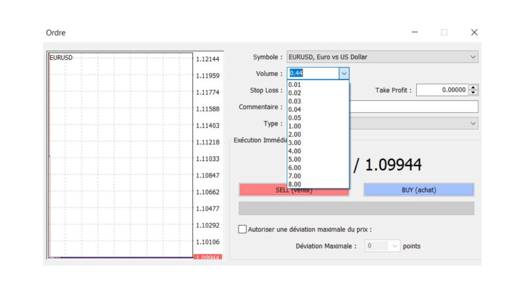 Exemple d'ouverture de trade Forex sur le logiciel Metatrader