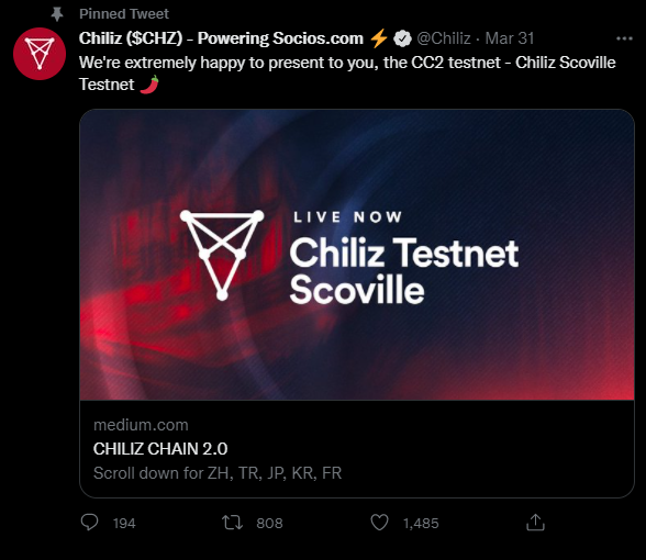 Twitt de Chiliz pour annoncer son testnet