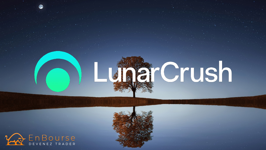 le logo lunarcrush sur fond paysage lune et arbre