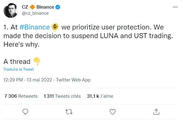 Tweet du PDG de Binance indiquant le retrait du jeton LUNA du trading sur la plateforme