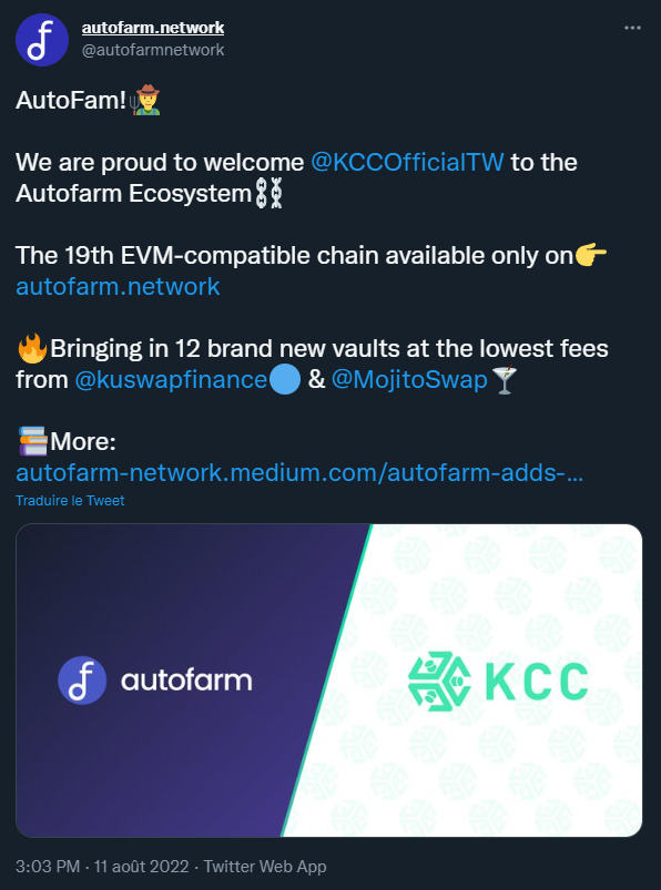 Tweet KCC rejoint AutoFarm