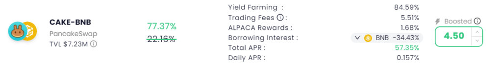APY sur la paire CAKEBNB sur Alpaca Finance- yield optimizer