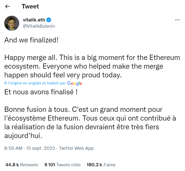 Tweet from Buterin announcing the success of The Merge