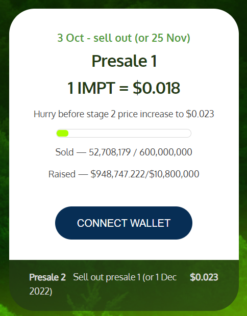 Avancement de la prévente IMPT token sur le site du projet