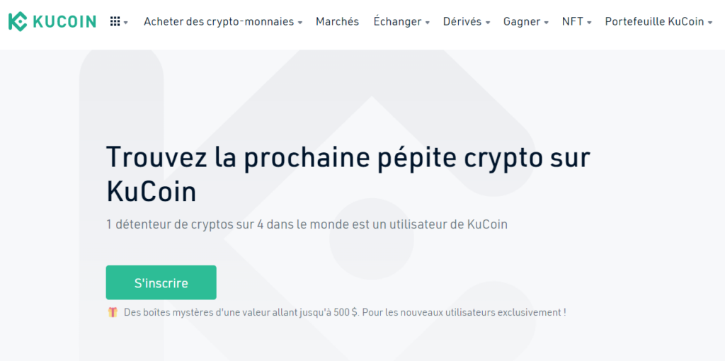 Page d'accueil et menus de Kucoin exchange