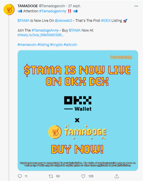 Tweet annonçant le listing du jeton TAMA sur l'exchange OKX