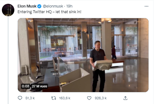 Tweet d'Elon Musk sur son arrivée à Twitter