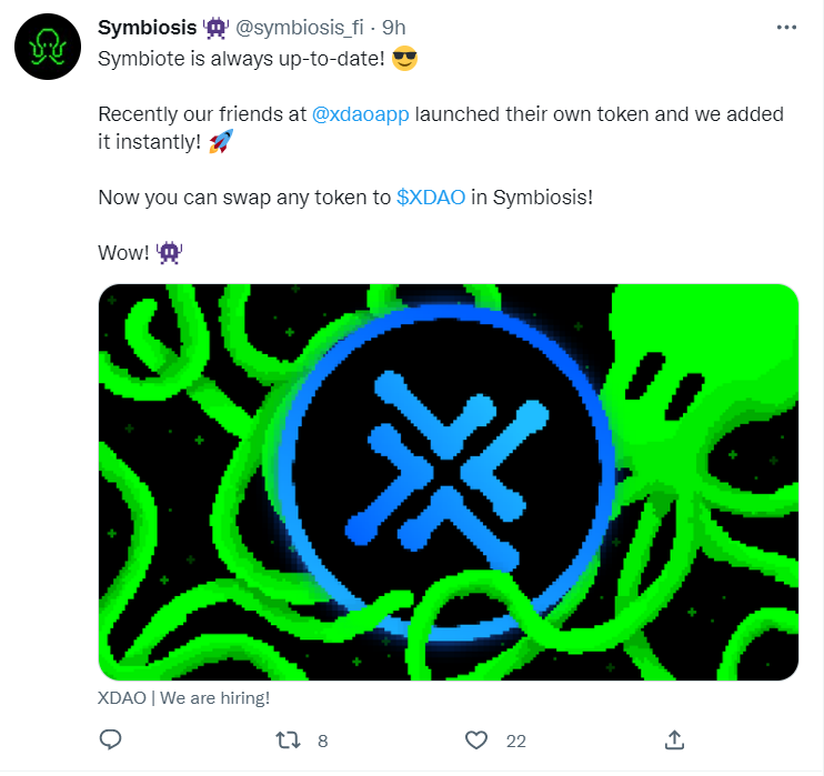 Tweet de Symbiosis sur un nouveau swap disponible