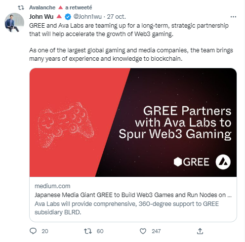 Tweet about the partnership between Avalanche and Gree
