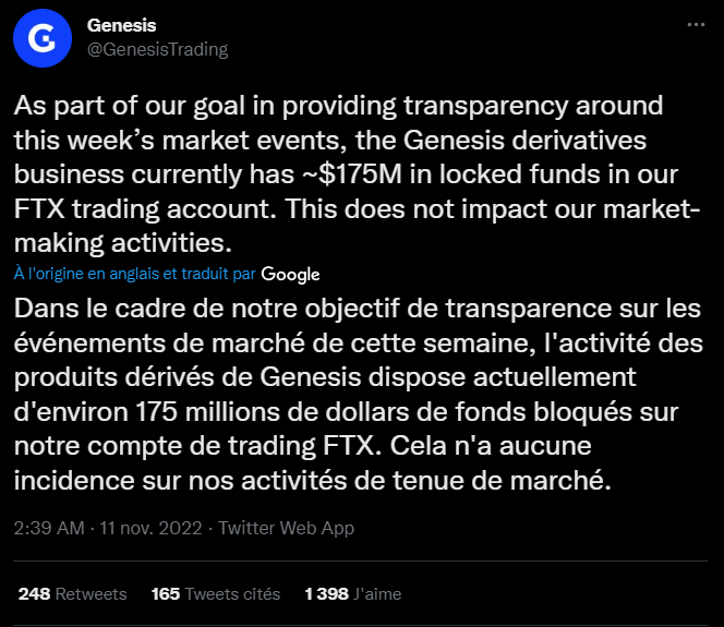 Tweet Genesis Trading - Effondrement FTX