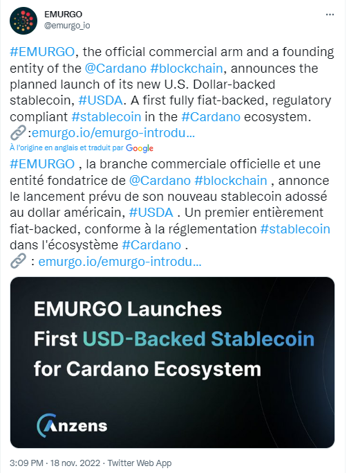Tweet d'Emurgo sur le lancement du stablecoin USDA sur Cardano