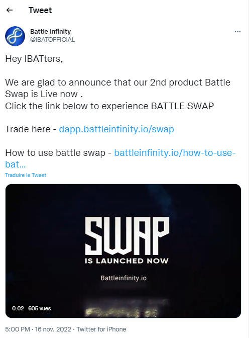 Tweet de Battle Infinity pour annoncer le lancement du Battle Swap DEX