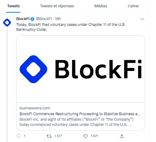Tweet de BlockFi pour annoncer son placement sous le chapitre 11 des faillites